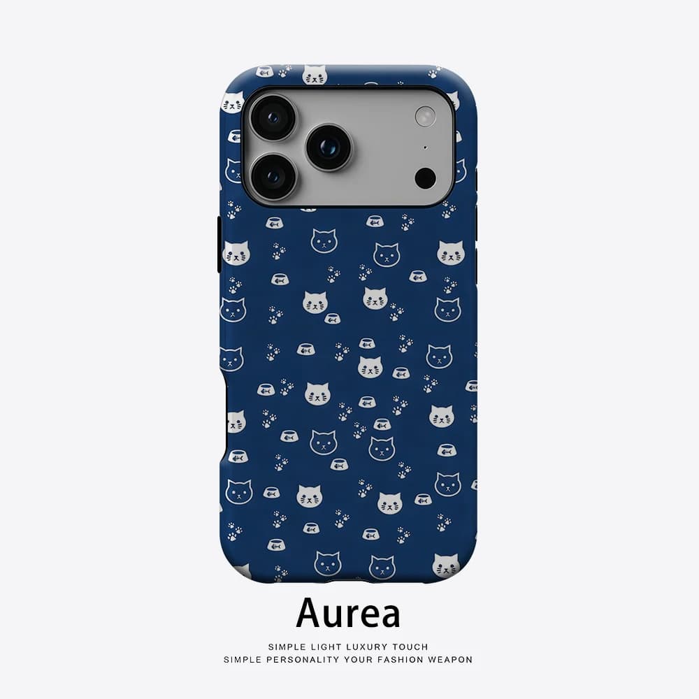 Custodia Aurea opaca antiurto per MagSafe per iPhone 17 16 15 14 Plus 13 Pro Max, in PC rigido, con motivo zampa di gatto blu navy