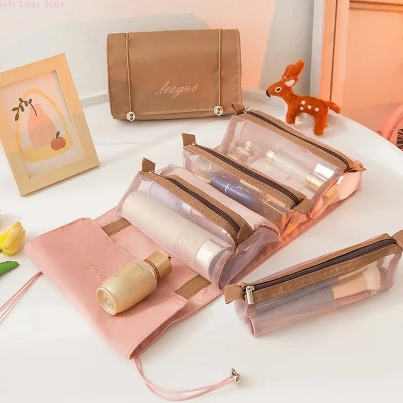 Borsa da toilette per trucco multifunzionale staccabile portatile 4 in 1 Borsa da toilette in rete Borsa da viaggio pieghevole per cosmetici