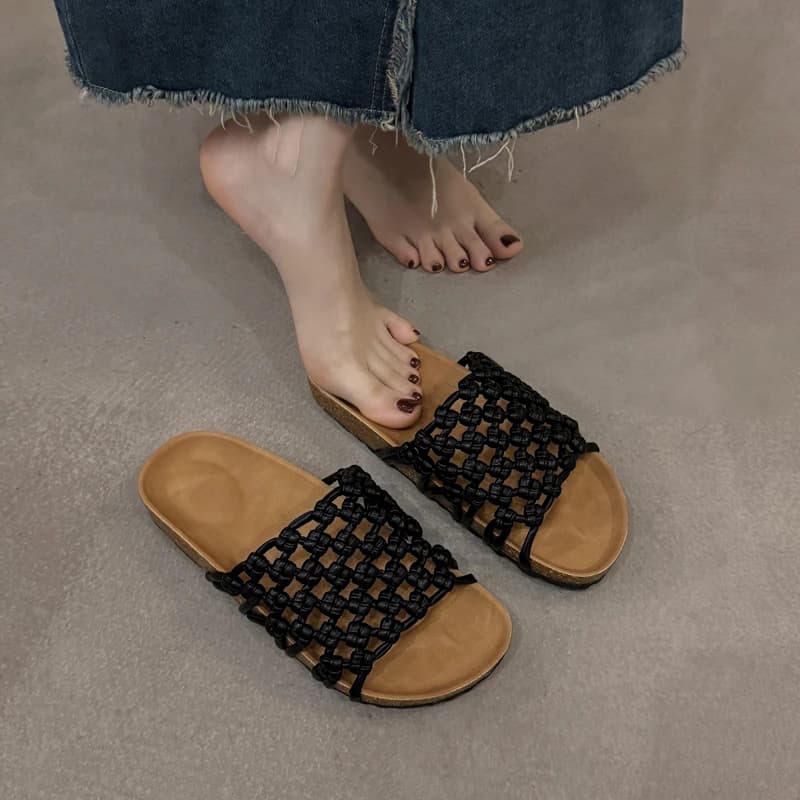 Pantofole piatte con punta aperta cava in tessuto comfort per le donne Sandali piatti antiscivolo con punta tonda alla moda Mocassini per scarpe casual da spiaggia estiva