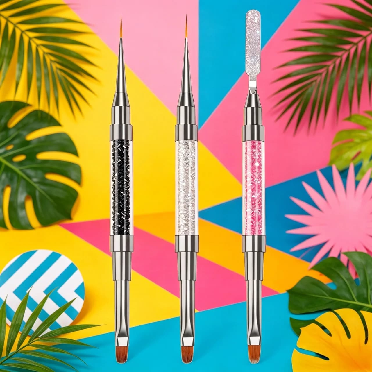 1 pz Pennello per Nail Art a Doppia Punta in Fibra di Nylon, Pennello per Trucco con Manico in Cristallo, Pennello per Linee Sottili, Strumento per Manicure, Forniture Coreane per Unghie
