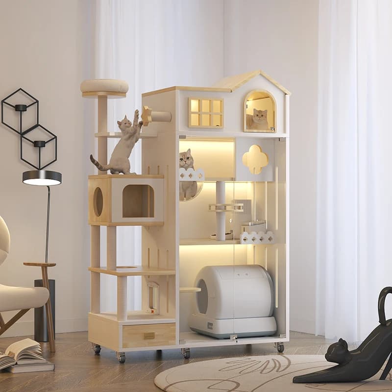 Customizable Modern Luxury Scratch Resistant Solid Wooden Cat Tower Villa for Indoor Home Living Room Pet Rest