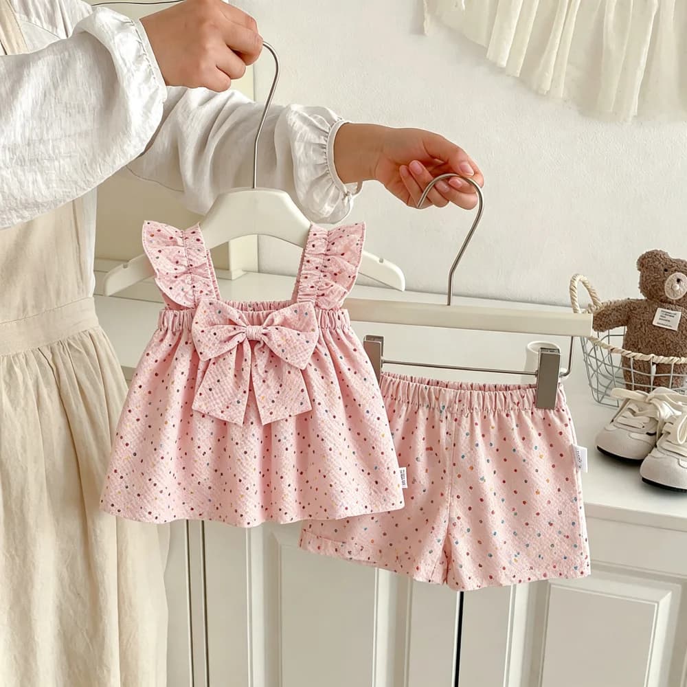 Set 2 Pezzi per Bambina, Top con Fiocco a Pois e Pantaloncini, Abbigliamento Estivo Carino da Spiaggia per Bambine