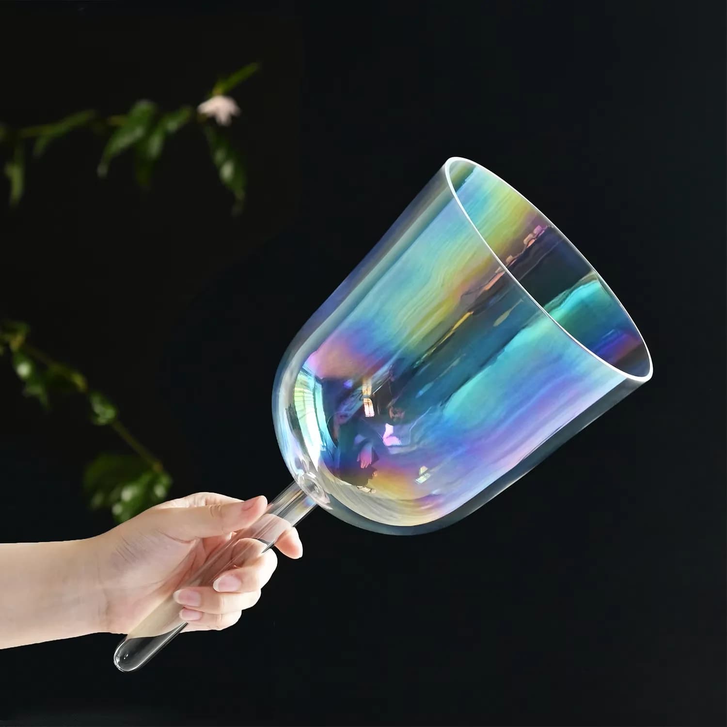 8 Inch Cosmic Light Clear Quartz Crystal Singing Bowl with Handle for Stress Relief Sound Healing and Meditation