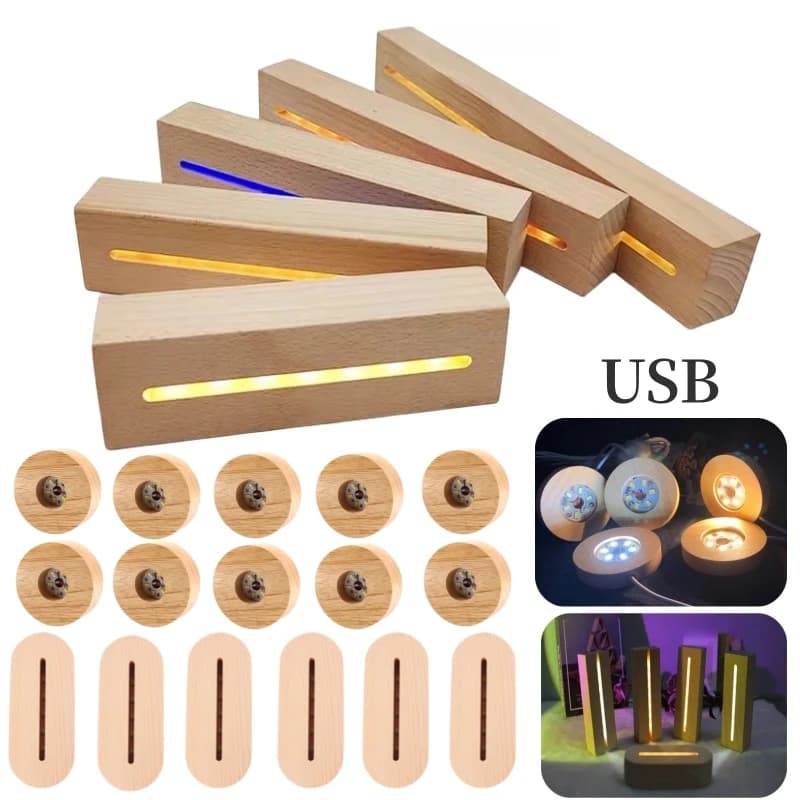 Supporto per Base per lampada da esposizione a LED in legno fai-da-te supporto per lampada da tavolo rettangolare USB per regalo artistico in resina di cristallo Base per lampada a luce notturna 3D