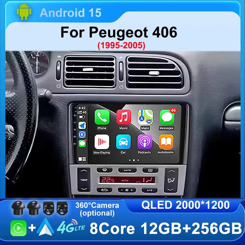 Android 15 Carplay Auto Autoradio per Peugeot 406 1995-2005 GPS Multimediale Stereo Video Player Audio QLED Bluetooth DSP WIFI 4G