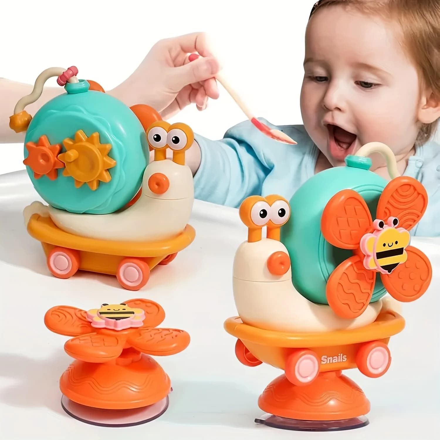 Giocattolo per seggiolone con ventose, giocattolo regalo Lumaca Mulino a vento Spinner - Auto push-and-go convertibile, Giocattoli da viaggio sensoriali per giovani