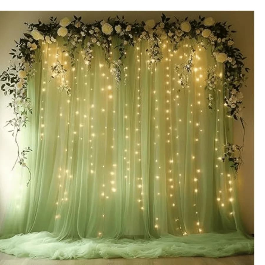 Tenda in Tulle Verde Salvia con 300 Luci LED a Filo per Feste, Tenda Trasparente Senza Pieghe, Sfondo Fotografico per Matrimoni