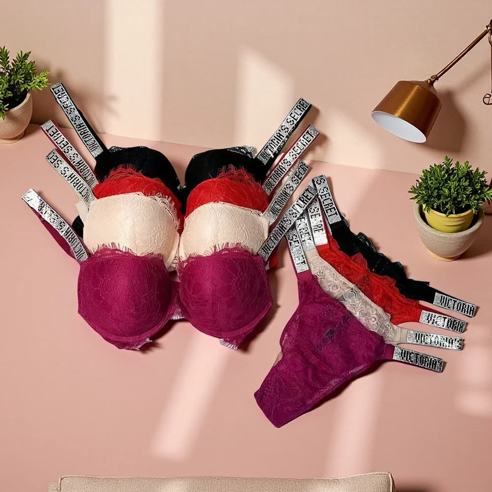 Nuovo set di reggiseno e slip sexy da donna Victoria's Secret, comodo set di lingerie modellante push-up con imbottitura regolabile e pizzo arricciato.