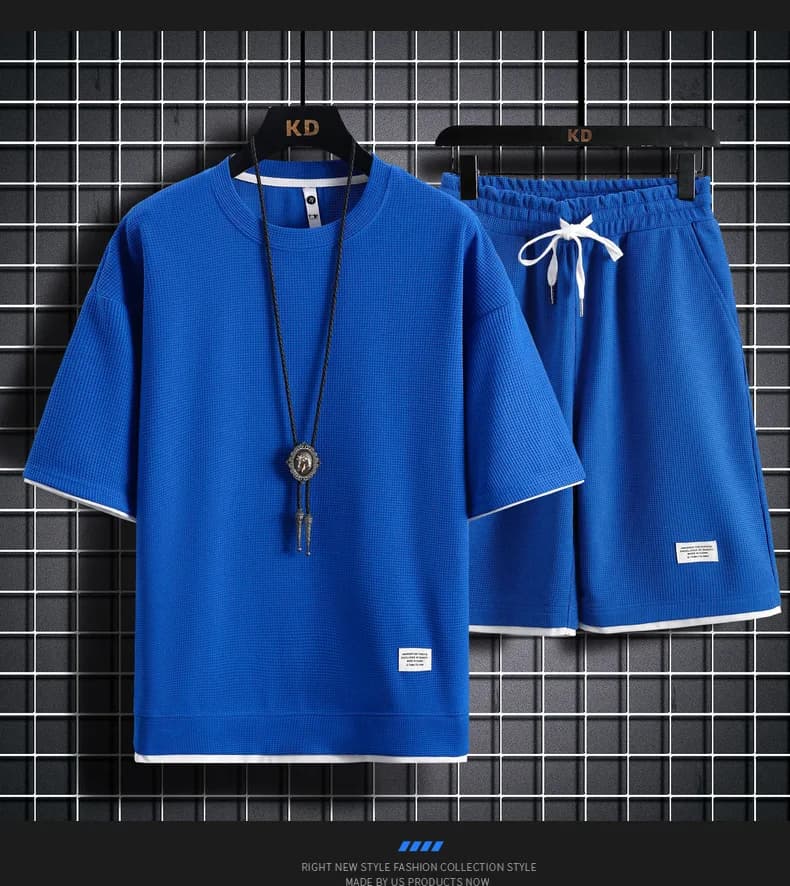 Men's summer sports suit 2026: T-shirts and shorts in waffles, solid color, comfortable fit