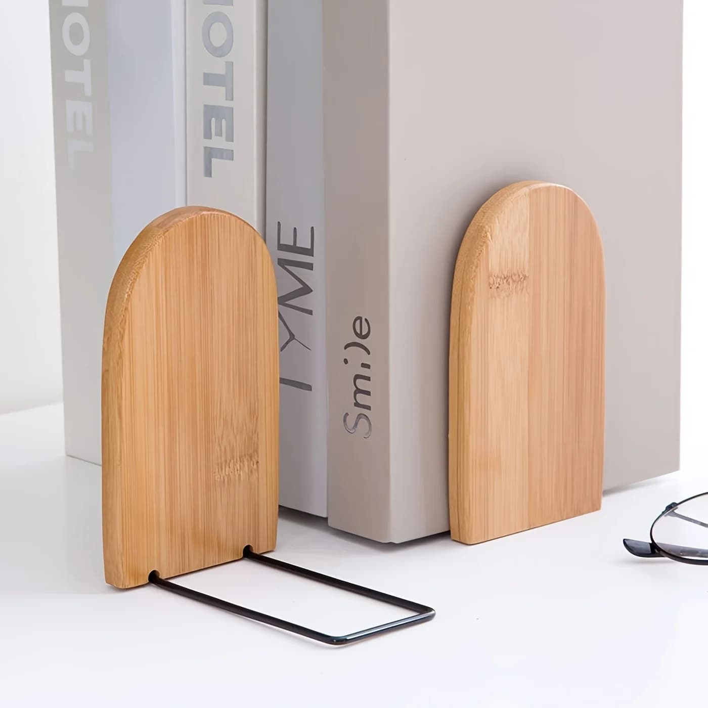 Wooden Bookends For Bookshelf Bamboo Book Ends Heavy Duty Non Slip Holder Desk Organizer Office Desktop Storage