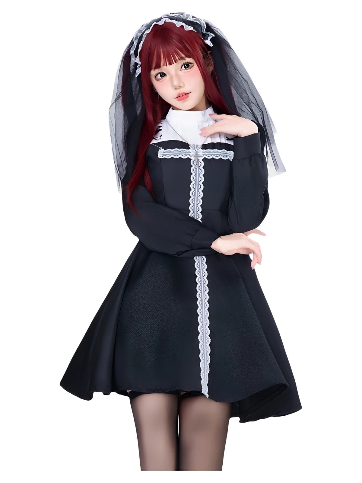 Gothic Dark Cross Long Sleeve Dress Lolita Princess Skirt Halloween Nun Cosplay Costume Sweet Style Waist-Cinched Polye...