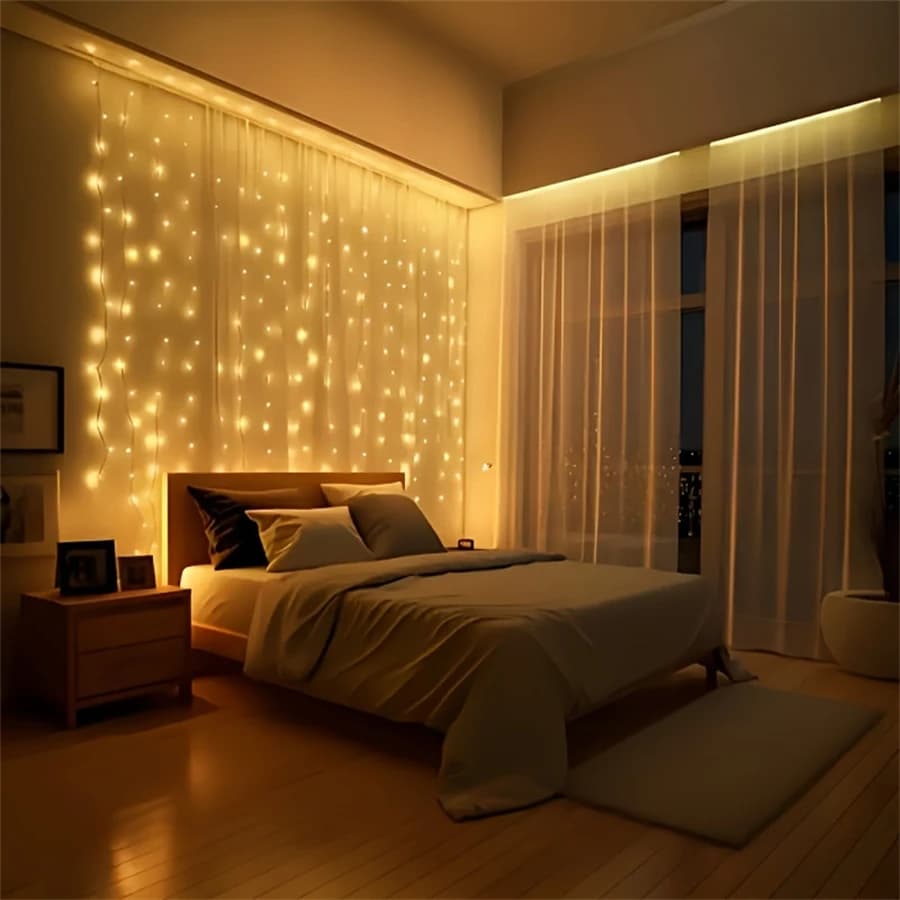 Luci a Tenda LED con Telecomando USB, 8 Modalità per Matrimoni, Giardini, Feste, Camere da Letto, Decorazioni per Casa e Finestre, Lampada a Ghirlanda LED per Decorazioni Eid