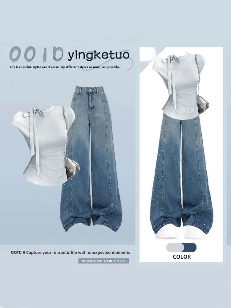 Unique Summer Design Sense round Neck T-Shirt And Draped Jeans Set Women's Fashion Set Non-Repeating Style with Belt Detail