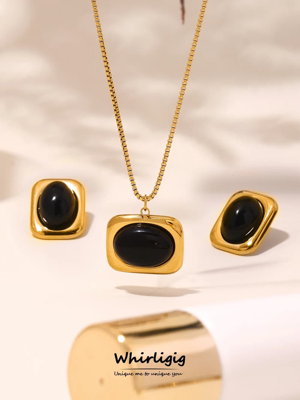 Fancy Classic Necklace Earrings Ring Stainless Steel Gold Plated With Black Agate Pendant Necklaces Jewelry