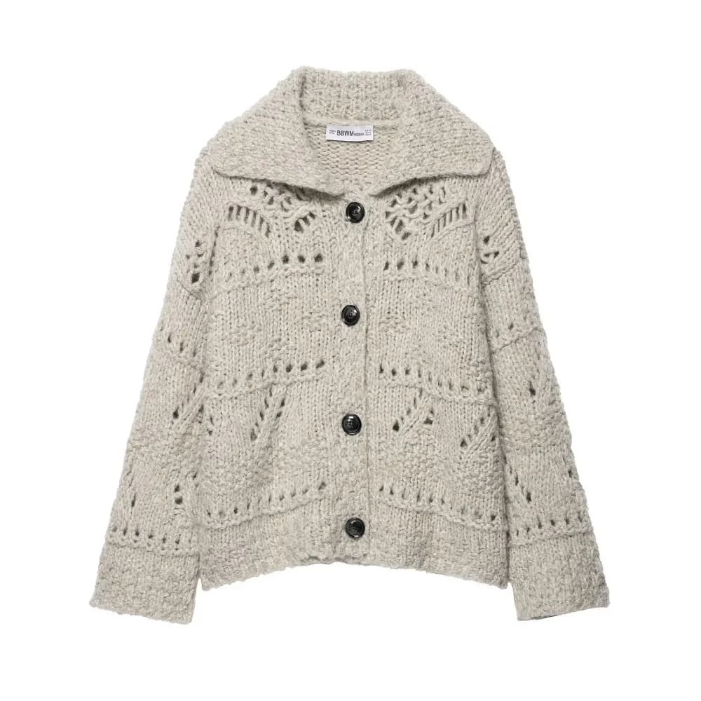 Cardigan lavorato a maglia scavato con ago grosso con risvolto Primavera Autunno Cardigan maglione casual monopetto tinta unita Maglieria corta