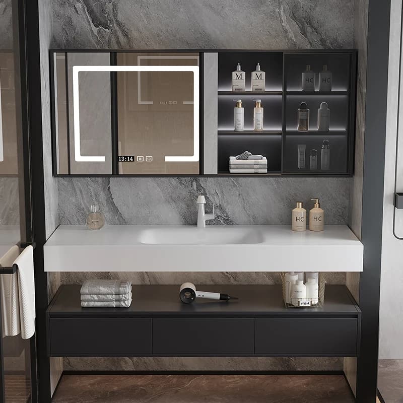 Nuovo mobile da bagno di lusso leggero e intelligente, combinazione di lastra di roccia curva a caldo, lavabo integrato per lavabo, tavolo da toilette