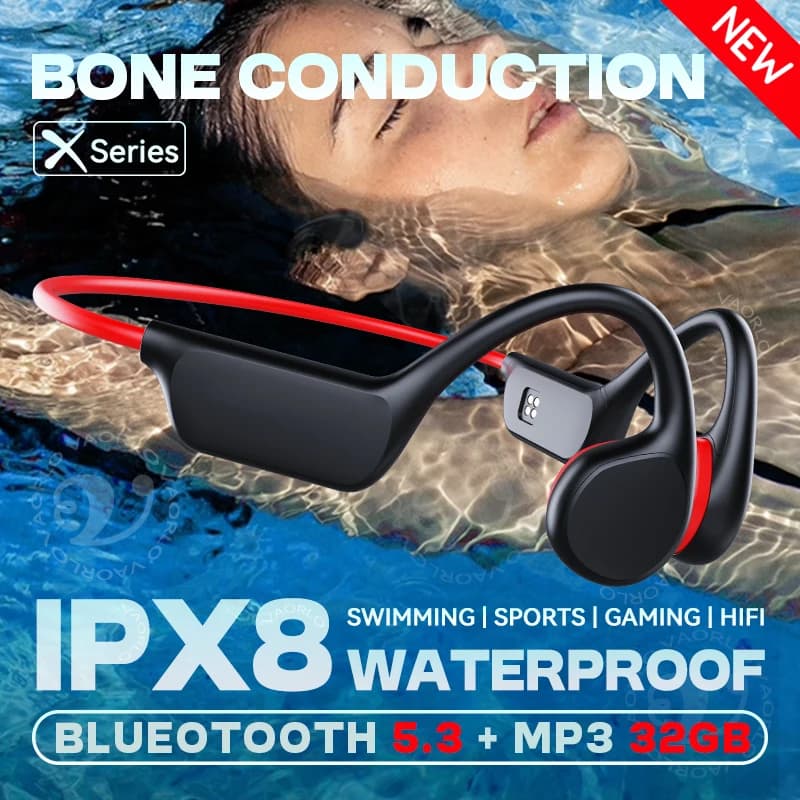 IPX8 Waterproof Bone Conduction Wireless Headphone Bluetooth 5.3+32GB RAM MP3 Player HIFI Music Sports Swimming Headset With Mic