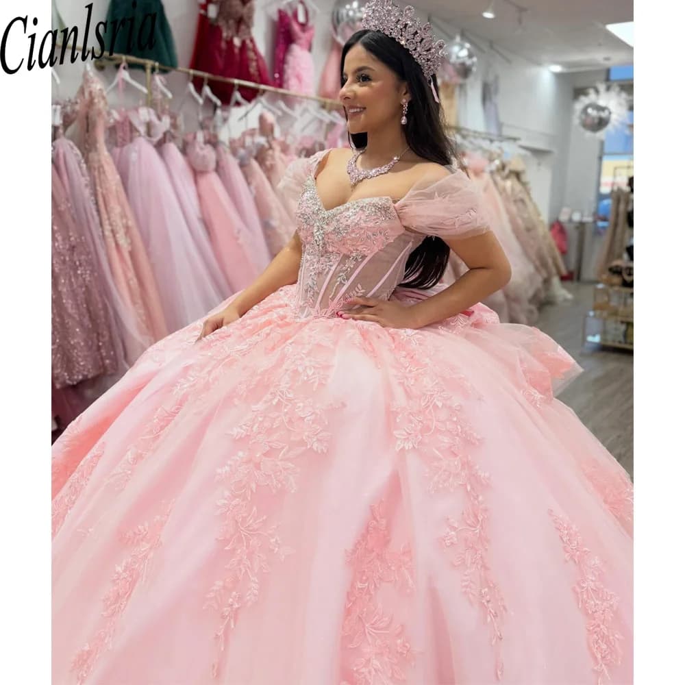 Light Pink Quinceanera Dresses Ball Gown Off Shoulder Sweet 16 Vestido de 15 Anos 3D Floral Appliques Tulle Prom Dress