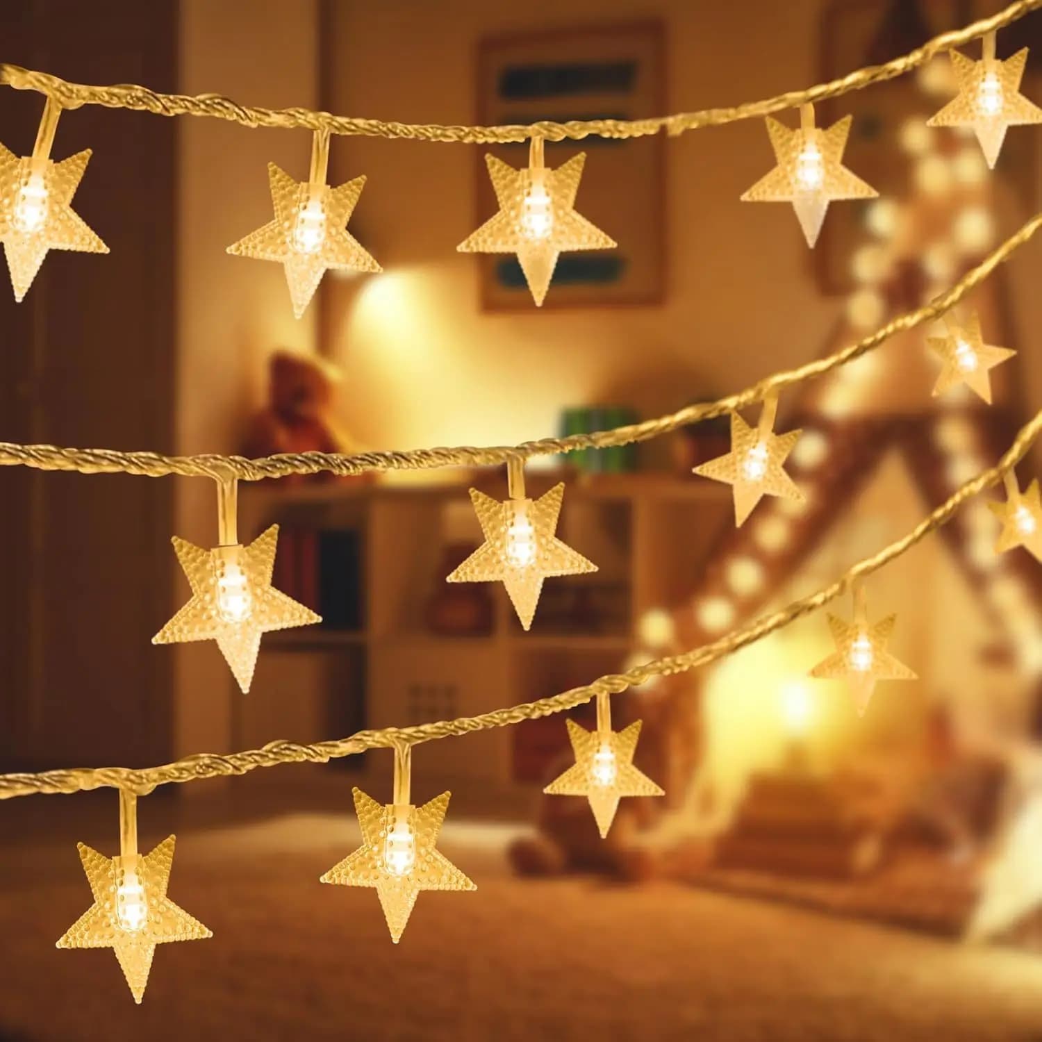 Luci a Stringa LED a Forma di Stella 10L/20L/40L/80L, Ghirlanda Natalizia a Batteria, Lampade a Cascata per Matrimoni e Feste, Illuminazione Decorativa per Casa e Stanze