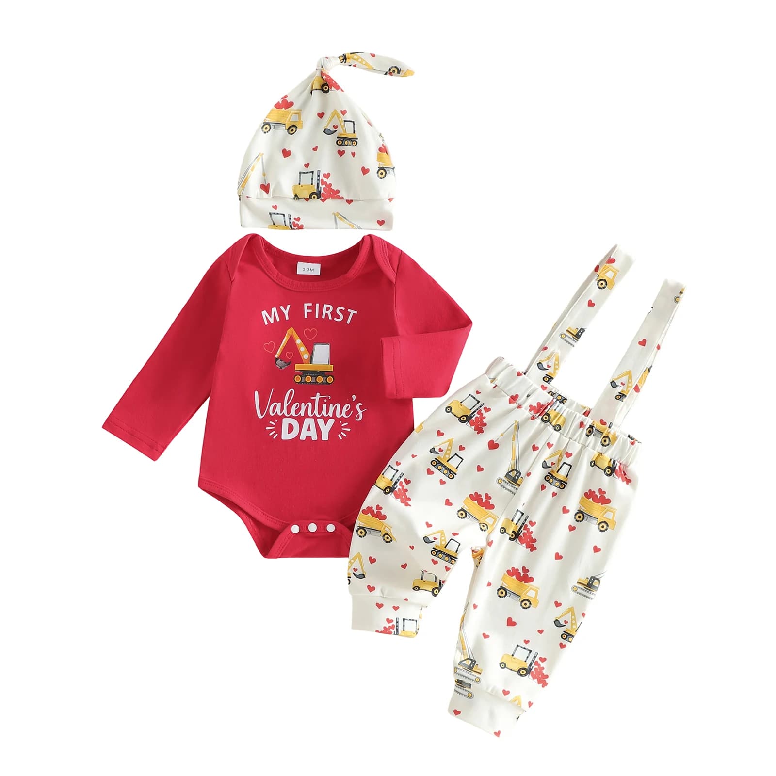 Completo da 3 pezzi per San Valentino da bambino, pagliaccetto a maniche lunghe, pantaloni con bretelle, cappello, completo di abbigliamento per neonati