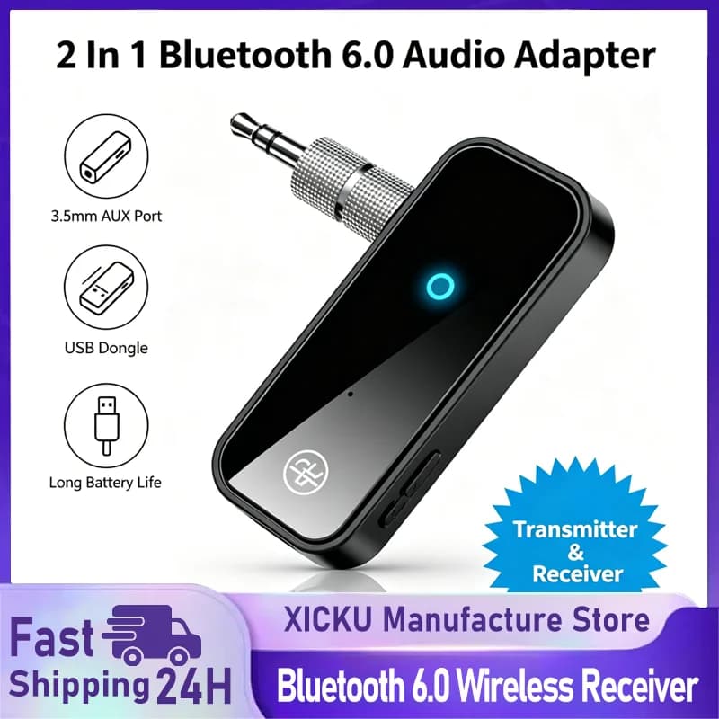 2 In 1 Bluetooth 6.0 Transmitter Receiver 3.5mm AUX Wireless Audio Adapter USB Charging For Car TV Speaker Stereo Headphones