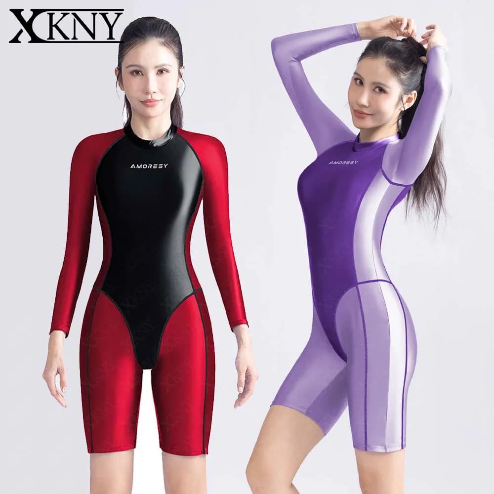 AMORESY Body Sportivo Lucido in Raso a Maniche Lunghe con Pantaloni a Cinque Quarti Bicolore, Costume da Bagno Aderente ad Alta Elasticità