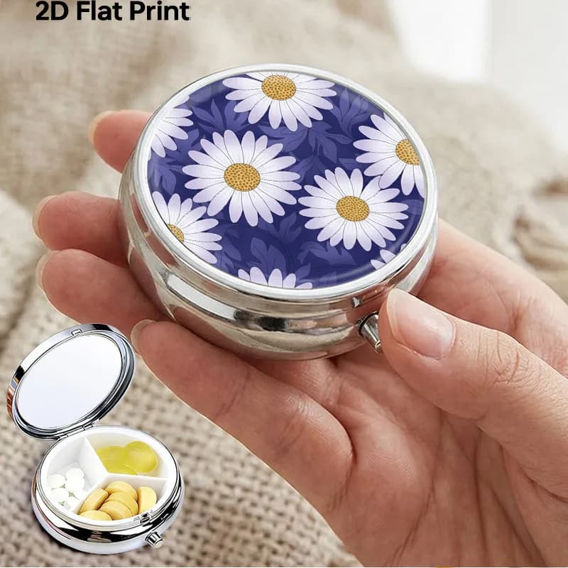 Portable Metal Pill Box, Three-Compartment Mini Pill Box, White Daisy Pattern, Navy Blue Plant-Themed Pill Box, Travel Wallet Pocket Organizer, Daily Vitamin Supplement Storage Box, Compact and Durable, Women's Gift