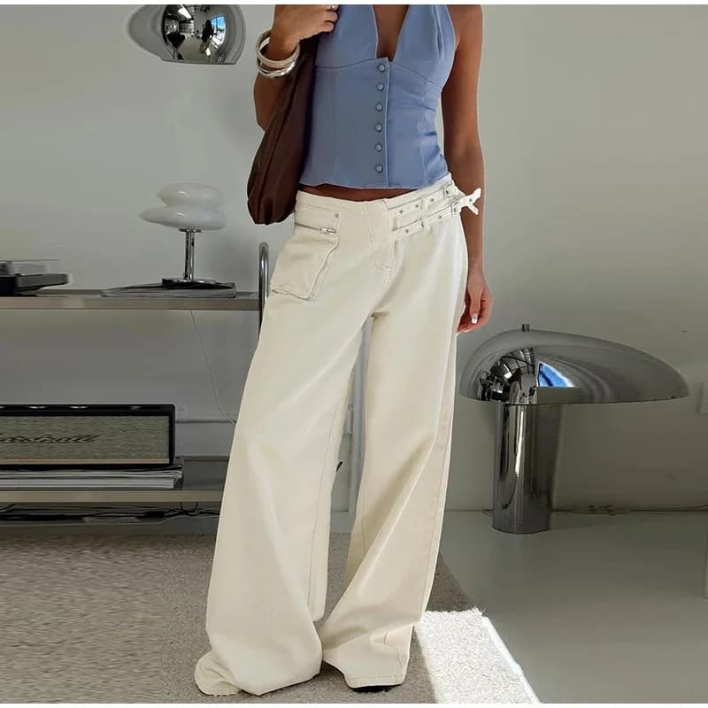 CPSYMYM Street Belt Women Jeans Mid Waist Wide Leg Pockets Loose Female Denim Pants Spring Summer New Fashion All-match Lady P