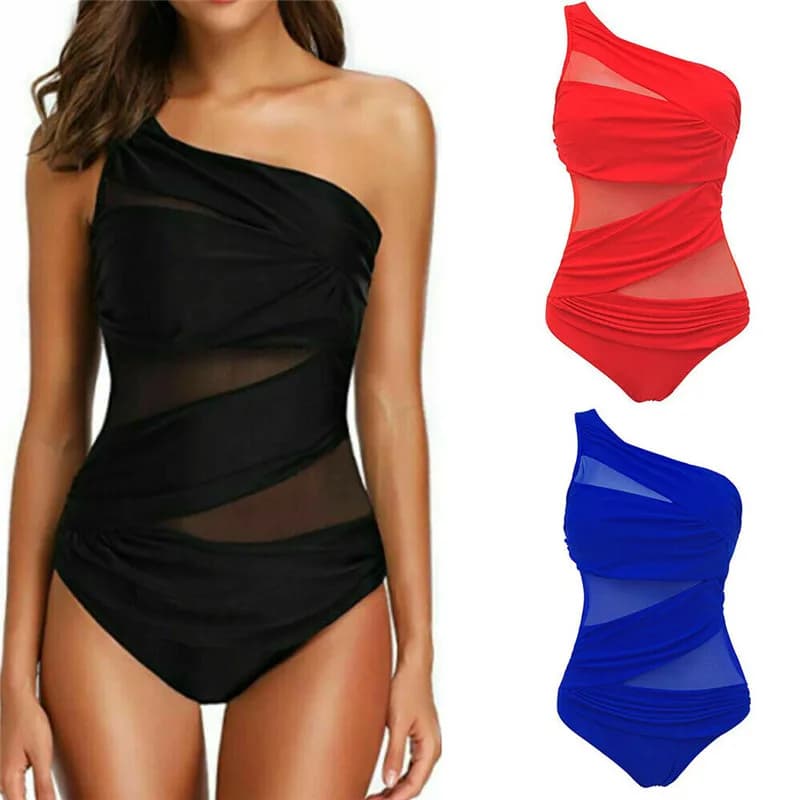 M-3XL 4XL Costumi da bagno taglie forti Donna Costumi da bagno slim monospalla per donna Maglia tinta unita Nero Rosso Blu Costumi da bagno imbottiti push up