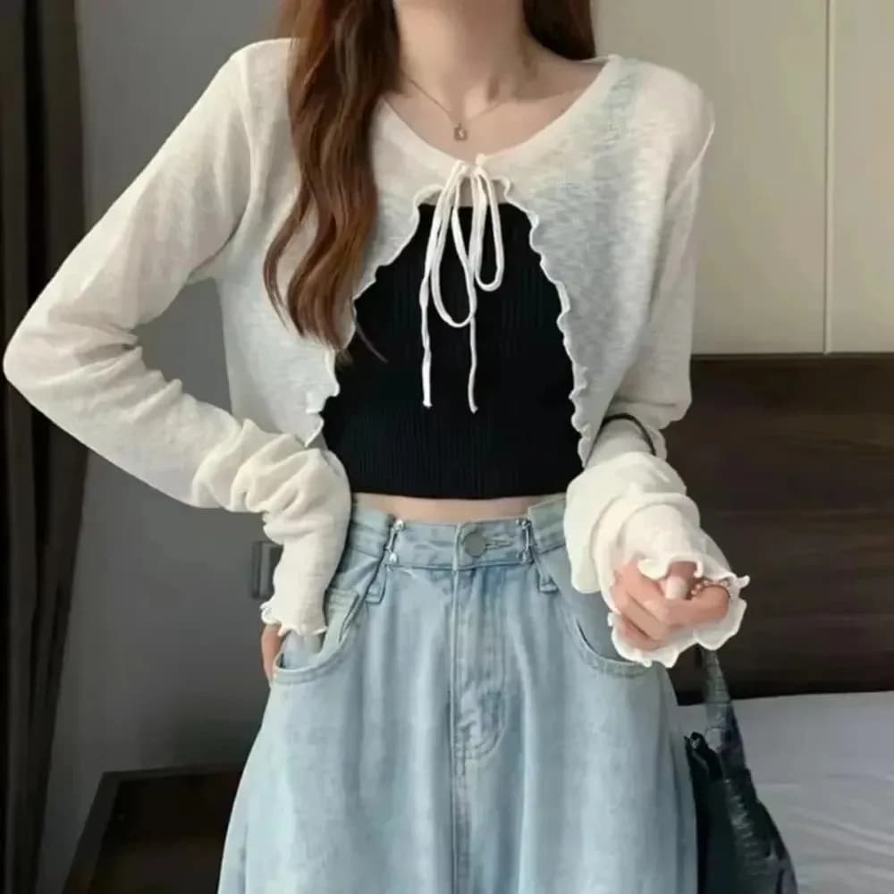 2025 Cardigan Solid Knit Woman Summer Slim Solar Protection Knitwear Top Short Coat with Women's Korean style lantern sleeves