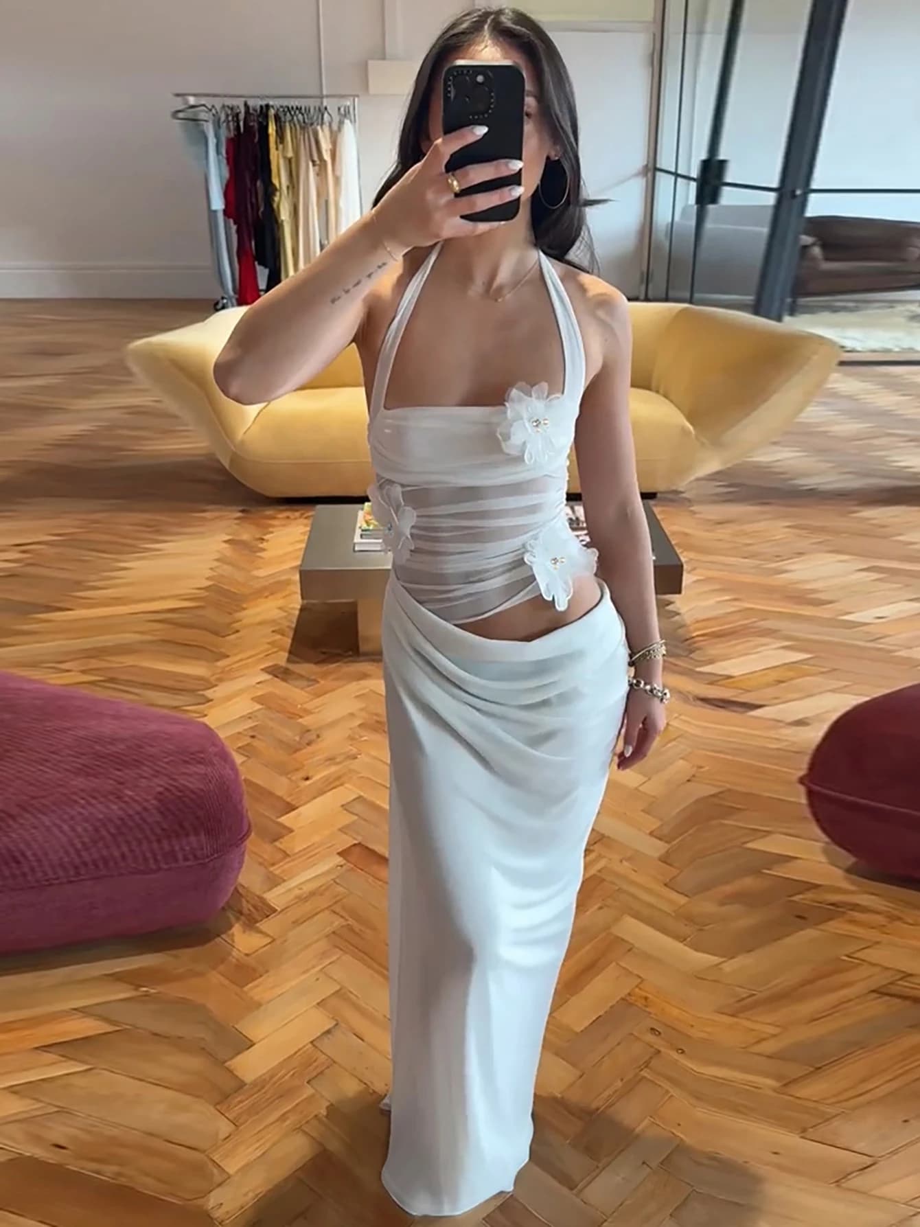 Hugcitar Elegant Halter Solid Tie Flowers Patchwork Lace Hollow Out Ruched Maxi Dress Sexy Sheer Women Clothes Party Festival