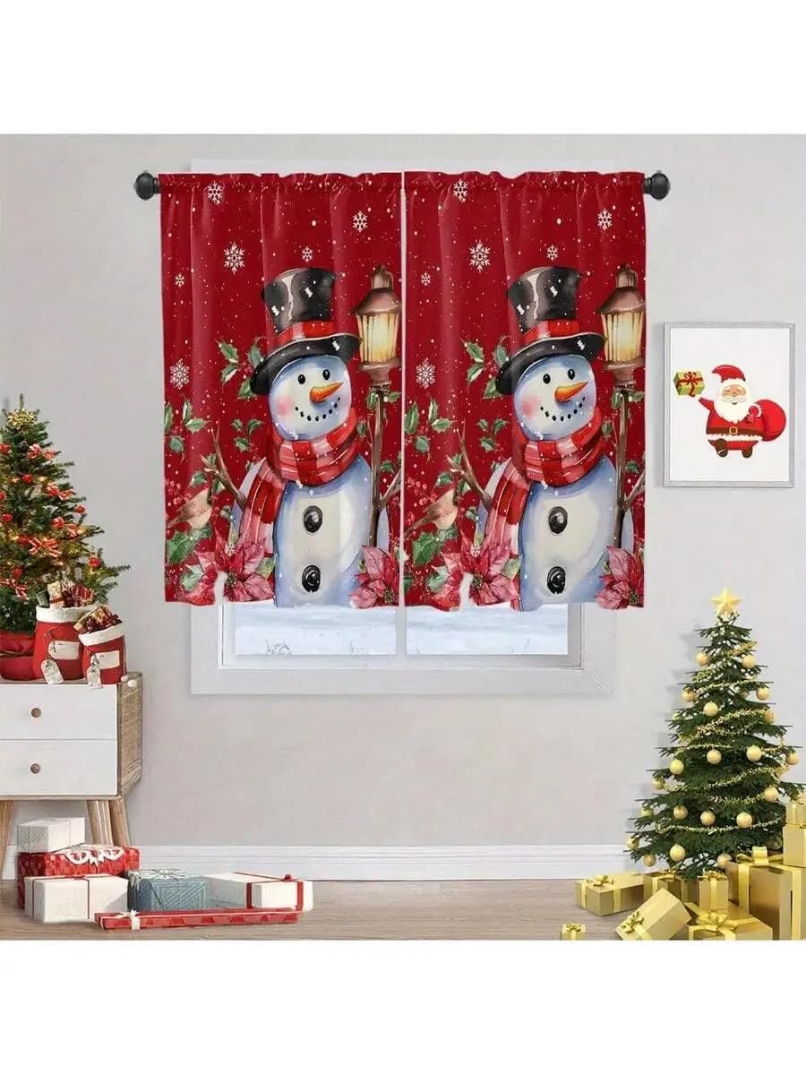 2PCS Christmas Snowman Window Curtains Rod Pocket Decorative Short Panels For Holiday Season