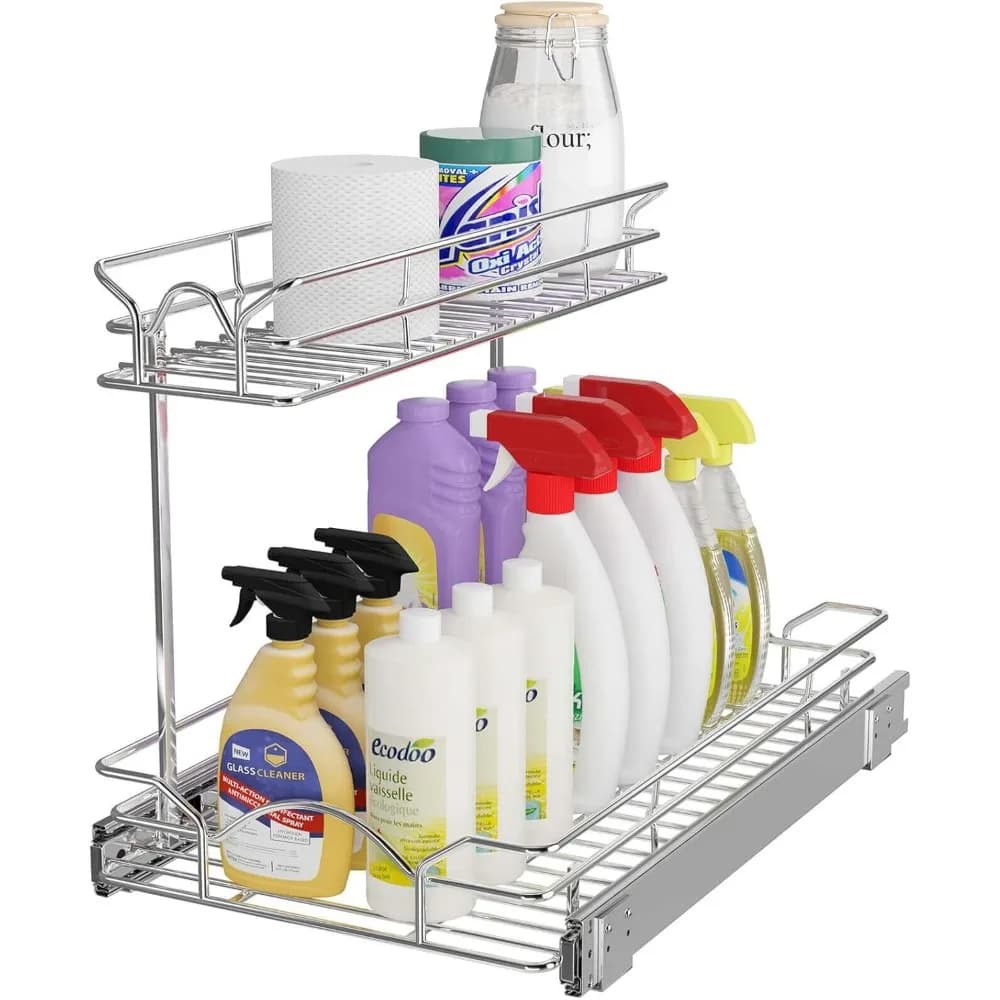 Organizzatore Estraibile a Due Livelli Sotto Lavello per Cucina e Bagno 11,75 x 21 Cromato