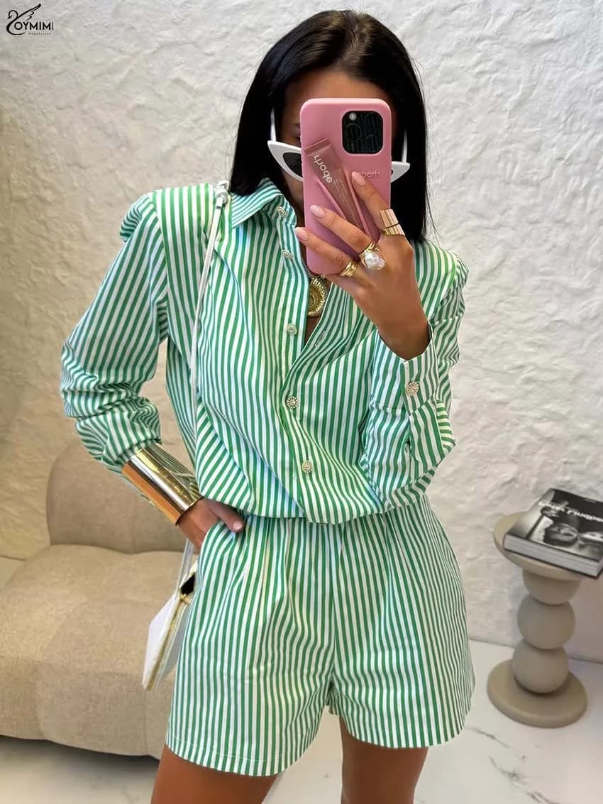 Oymimi Fashion Pink Print Sets Women's 2-piece elegant single-breasted shirts and shorts with high waist pockets