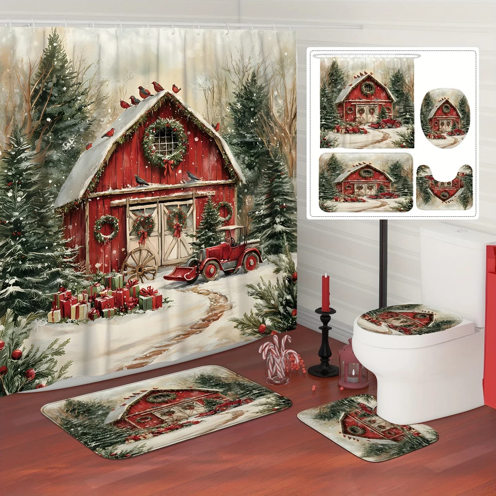 Set doccia natalizio da 4 pezzi, albero e cardinale rosso, verde rosso fattoria, arredamento per il bagno delle vacanze, 12 ganci, tappetino antiscivolo, copertura a forma di U