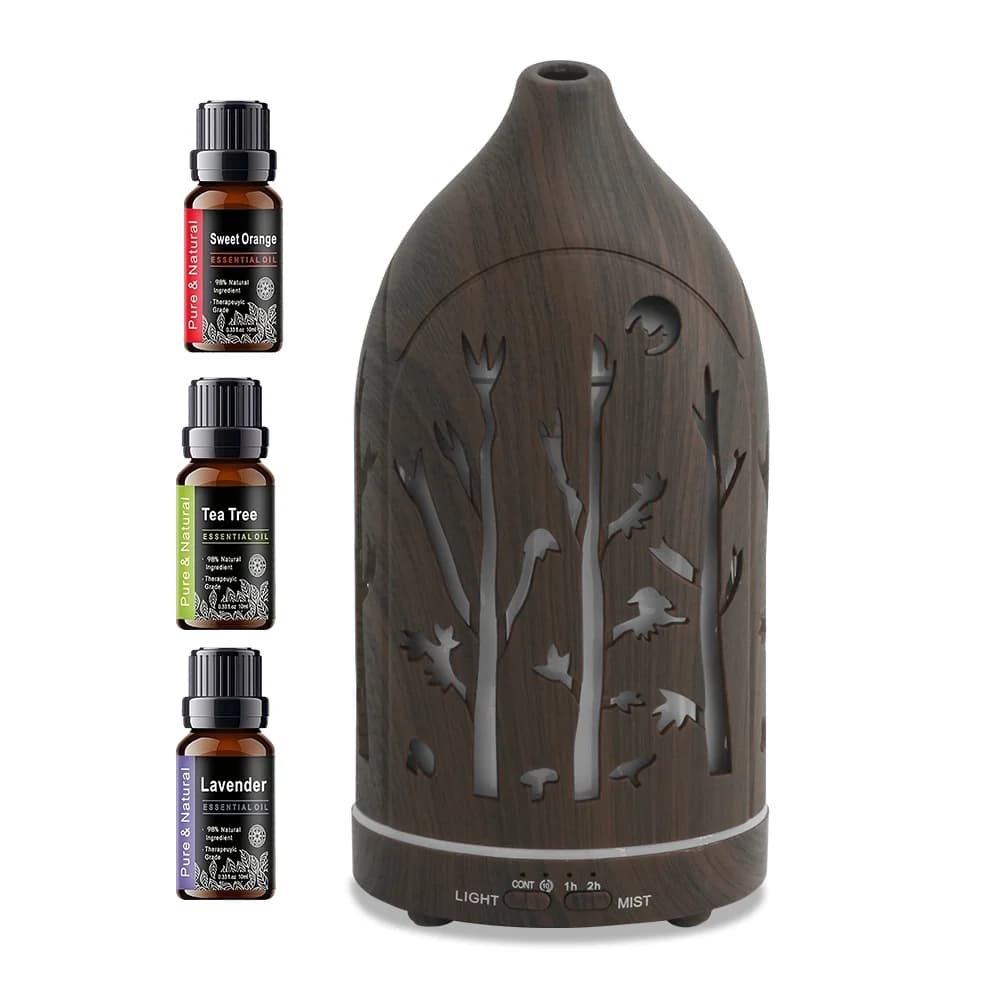 Diffusore di oli essenziali 200ml Umidificatore ad ultrasuoni Aroma Grano di legno scuro Scavato Spegnimento automatico Silenzioso per l'home office