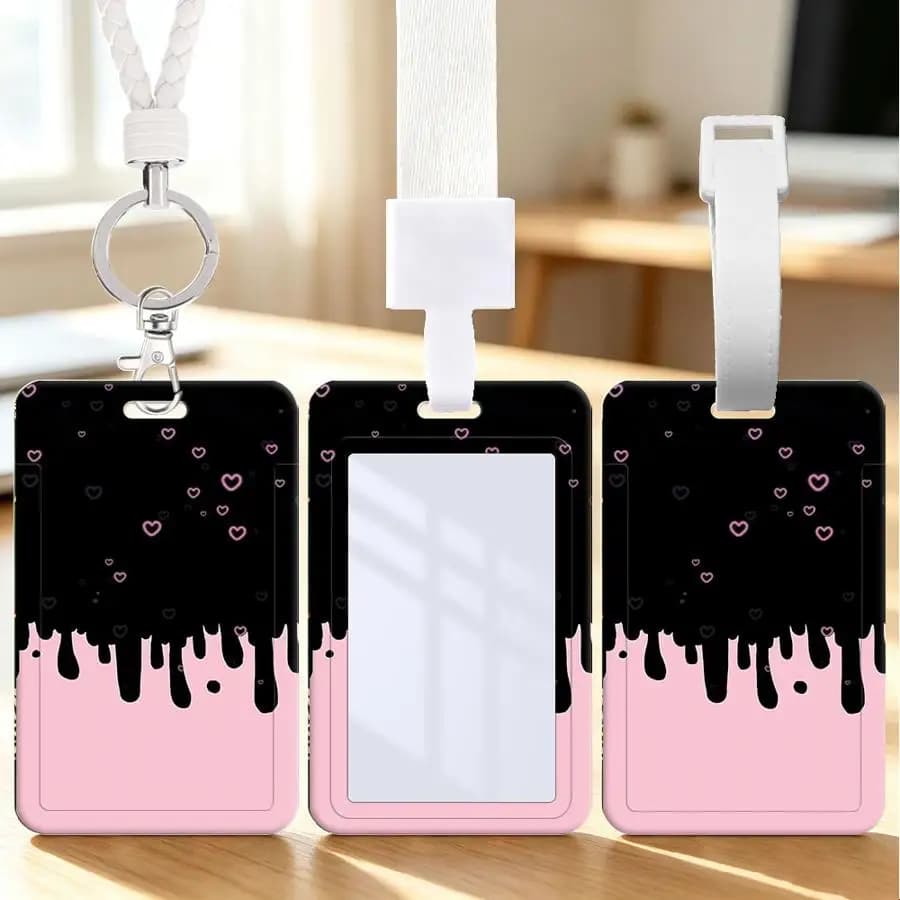 1pc Multi functional Student Bus ID Card Nurse Badge Card Protective Cover Lanyard cable tie Luggage tag card holder Pink Hearts