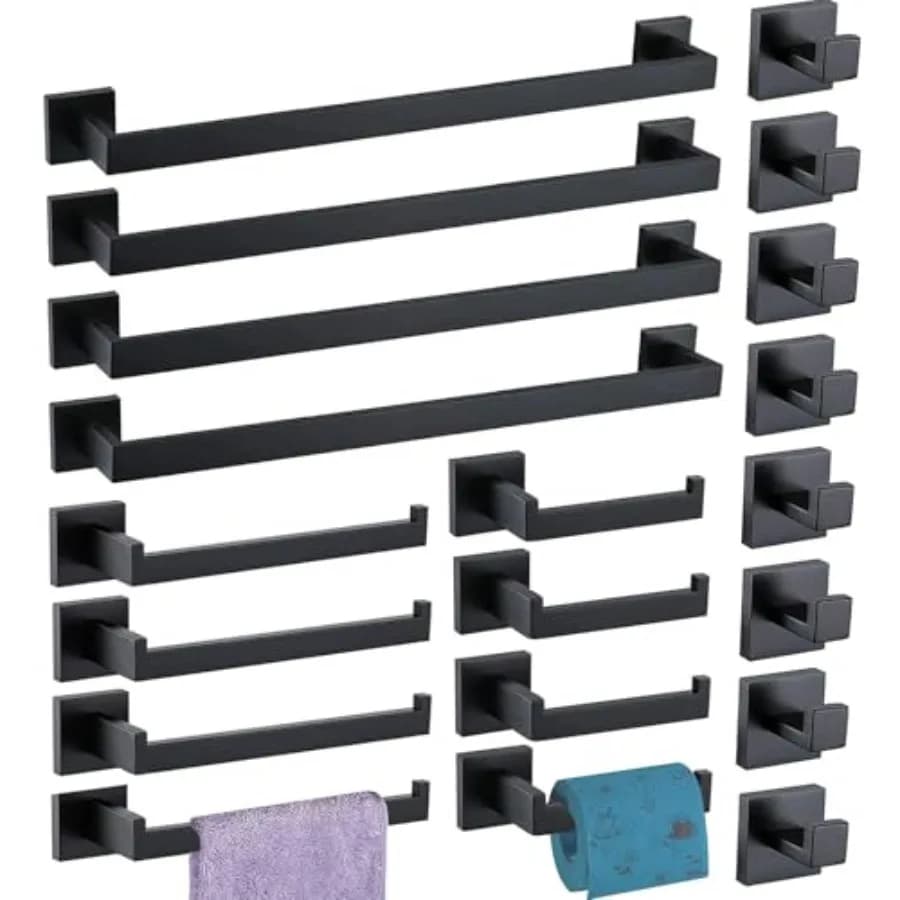 Set di Accessori per Bagno: Set di 20 Pezzi in Acciaio Inox SUS304 Nero Opaco con 4 Portasciugamani da 24 Pollici, 4 Supporti per Asciugamani, 4 Portarotoli Carta Igienica