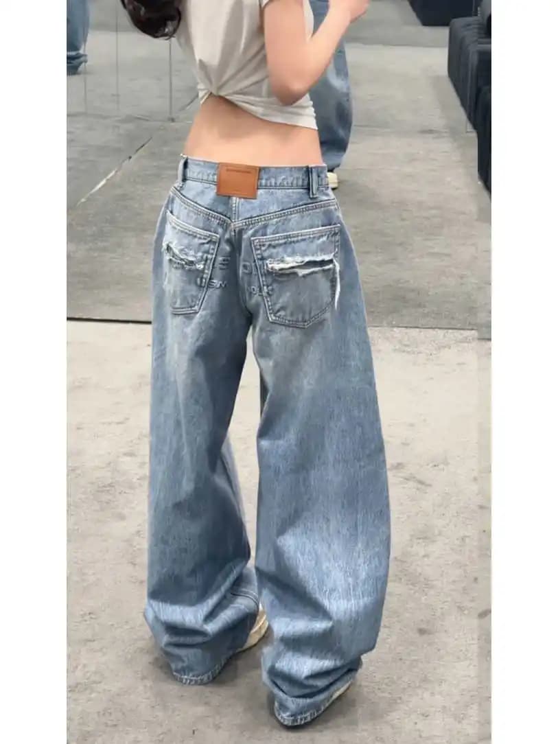 Summer Women's Baggy Jean Wide Fit Design Ripped Denim Pants Y2K Japanese Harajuku 2000s Aesthetic High Street Korean Chic Tide