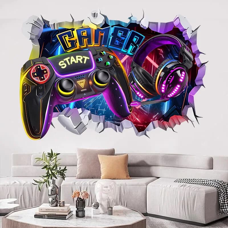 3D Gamer Broken Wall Hole Art Gamepad Headset Vinyl Stickers for Boy Room Kids Bedroom Gaming Zone Home Decor Game Poster Decal