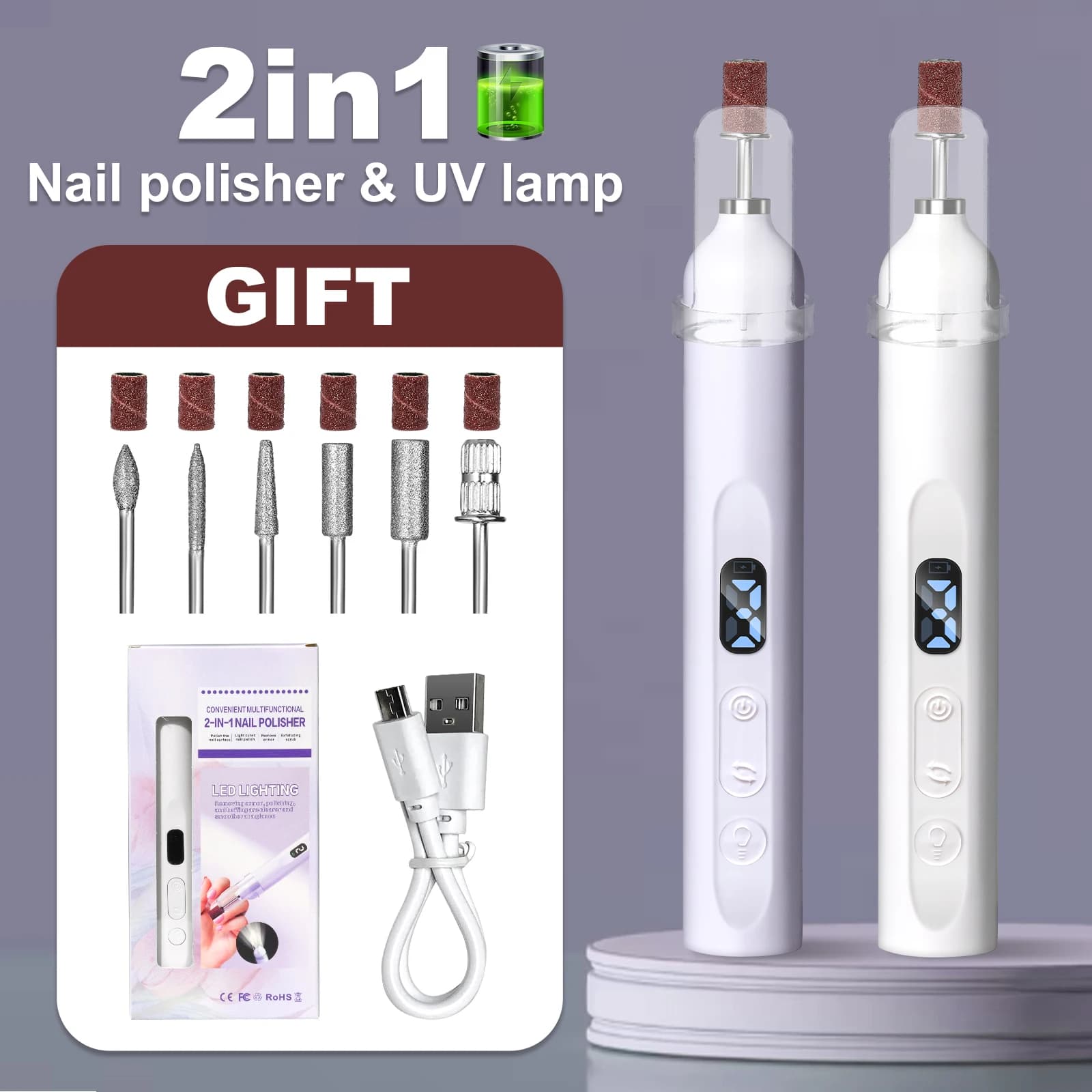 Electric nail drill with tip and abrasive tape - Professional wireless polisher for nail care and feet
