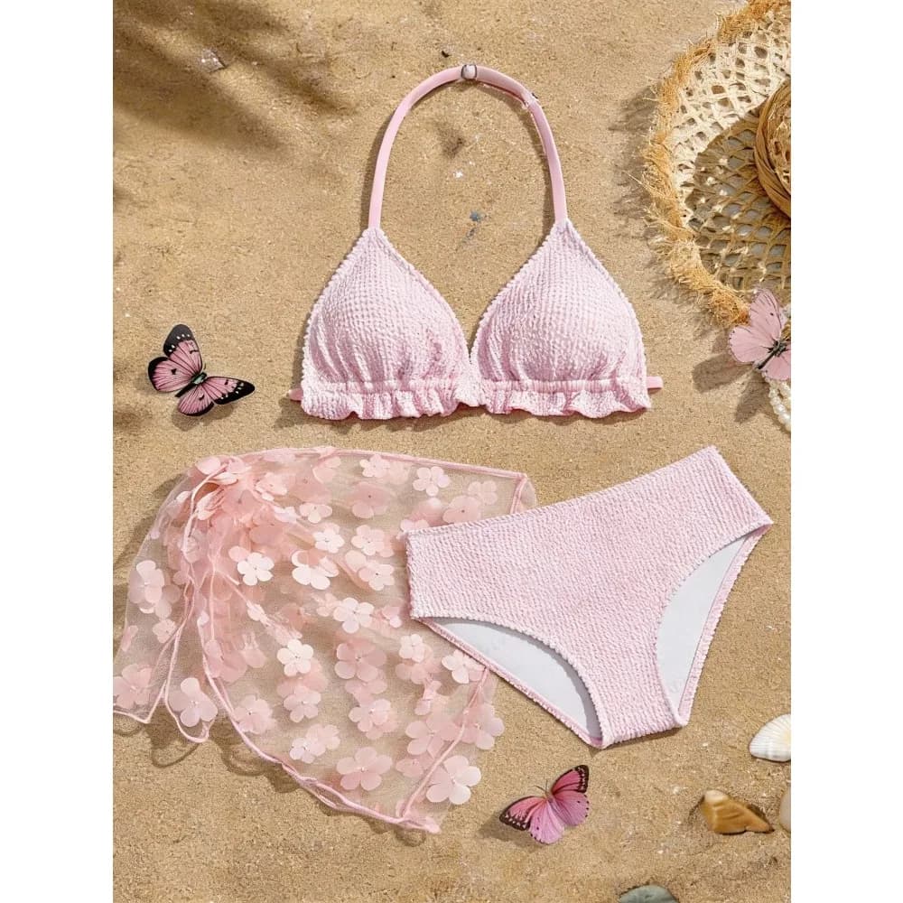Set Bikini a Costine Rosa 3 Pezzi per Ragazze, Costume da Bagno e Gonne Floreali da Spiaggia per Bambine 7-16 Anni, Costumi da Bagno per Bambini 2026, Costume da Bagno per Adolescenti