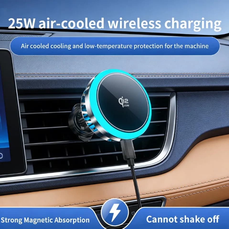 Caricatore Wireless Magnetico per Auto 25W Qi2.2 con Supporto e Ventola di Raffreddamento Integrata a 360° ° Supporto Rotante per Magsafe iPhone 16 17 Samsung Pixel