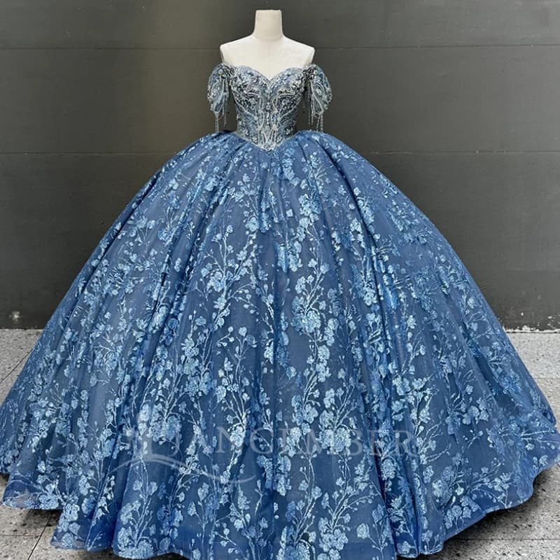 Abiti Quinceanera lucidi blu navy Abito da ballo con spalle scoperte Applique con paillettes Perline in pizzo Tull Festa di compleanno Abito dolce 16