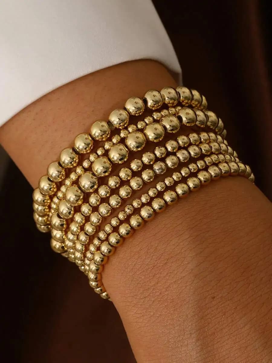7pcs elastic beaded bracelet set with round beads, stretchy fit for all wrist sizes, handmade artisan style