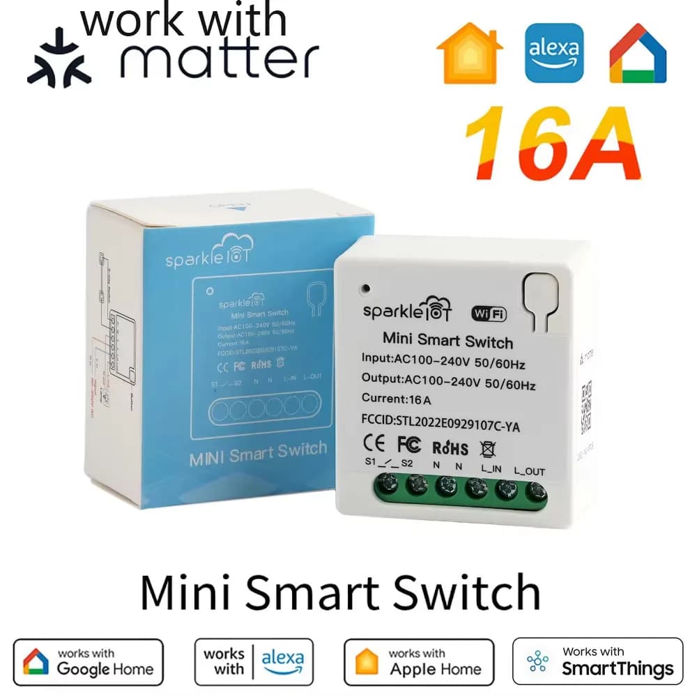 Smart WiFi 16A Mini Switch Compatible with Matter, Double Control with Pass-through and Disconnect Function, Works with Remote Control, Timer, HomeKit and Alexa