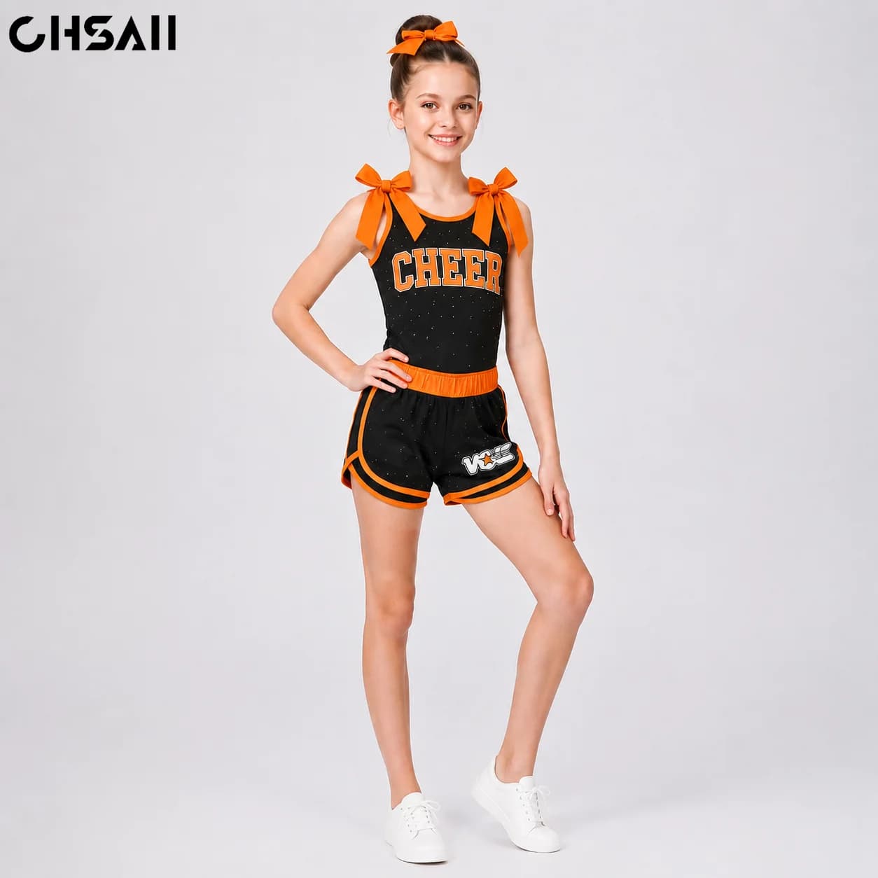 Girls Black Orange Cheerleading Uniform Bows Shoulder Rhinestone Crop Top Shorts Youth Team Competition Performance Costume Sets