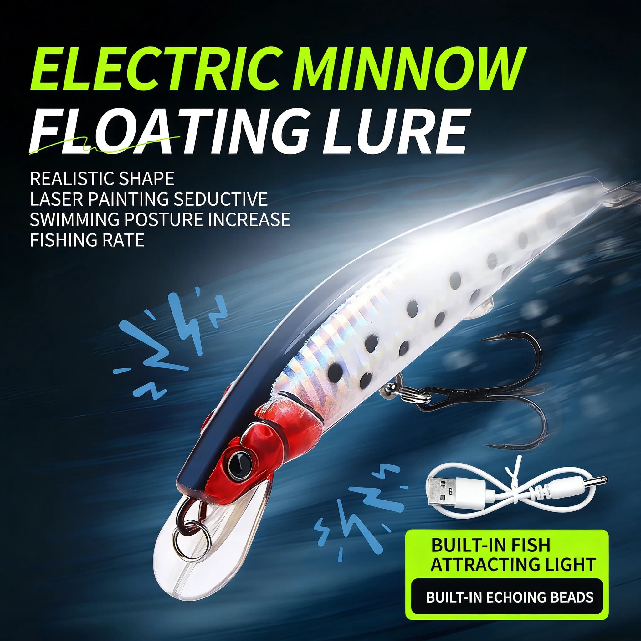 Esche da Pesca Simulate Elettriche Realistiche con Vibrazione, Ricaricabili USB, Luce LED Lampeggiante, Esca Luminosa da Lancio