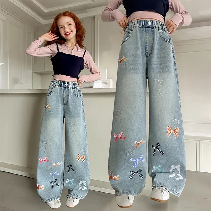 Jeans per ragazze con stampa a fiocco, pantaloni a gamba larga, nuova moda primavera autunno 2026, pantaloni dritti stampati alla moda, adatti per bambini