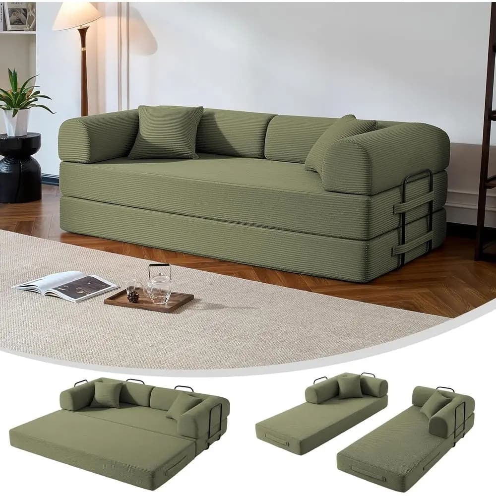 Convertible Sofa Bed with Corduroy Cover, Pillow Included, Sleeper Sofa for Living Room, Bedroom, Lounge, Studio in Light Green